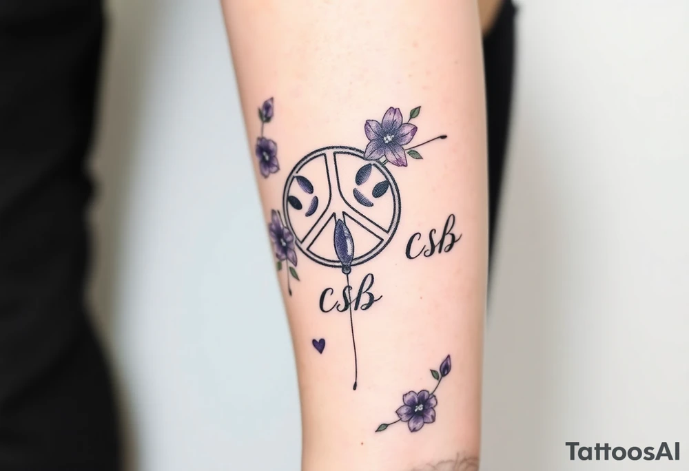 peace symbol, dog prints, Pisces symbol, intertwined with violets, amethyst, initials csb in cursive font tattoo idea