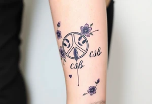 peace symbol, dog prints, Pisces symbol, intertwined with violets, amethyst, initials csb in cursive font tattoo idea