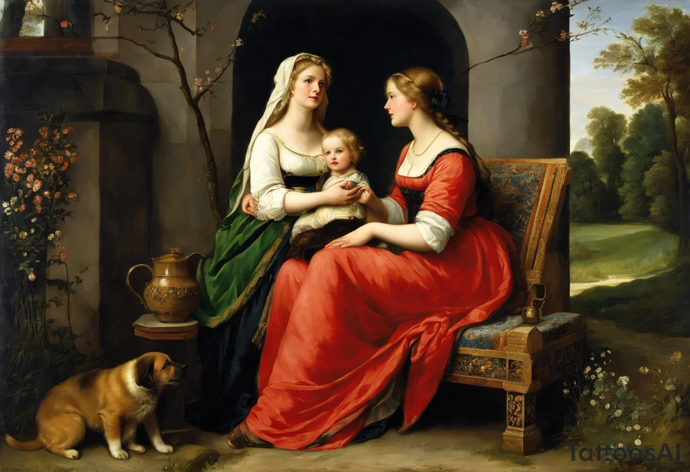 3 webliche Menschen die nebeneinander stehen. Die linke ist ein junges mädchen, die mittlere eine reife Frau, die rechte eine sehr alte frau. Sie blicken  nach vorne.
Es sind 3 weberinen. Sie symbolisisren die moiren, alte schicksalsgöttinen. in schwarz und weis als tattoo tattoo idea