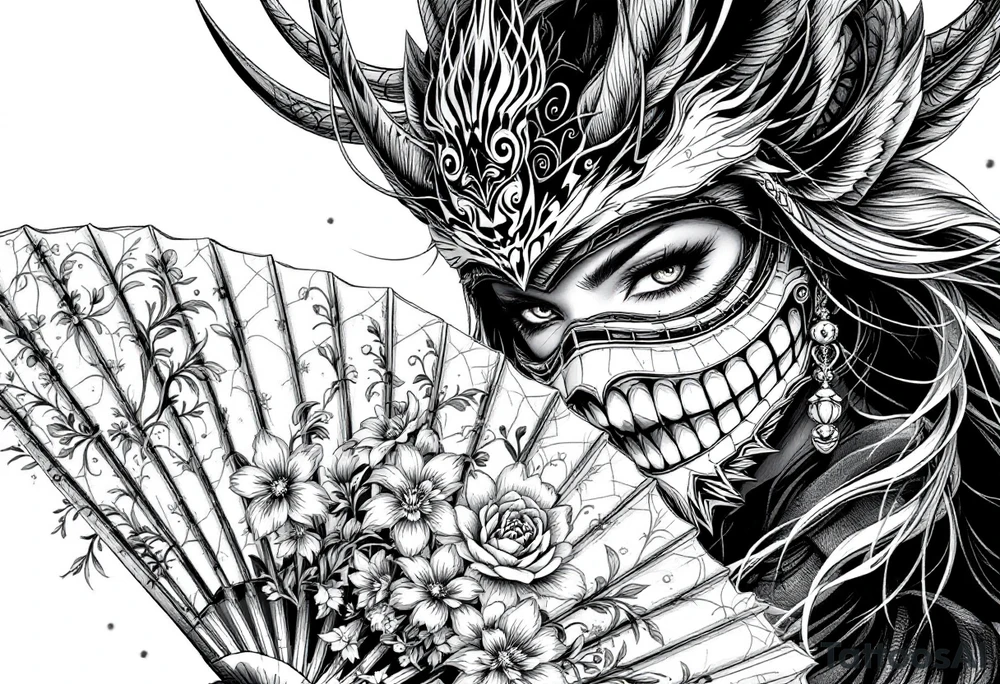 japanese samurai woman wearing a kitsune half-mask and  holding a fan with irises flowers tattoo idea