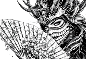 japanese samurai woman wearing a kitsune half-mask and  holding a fan with irises flowers tattoo idea