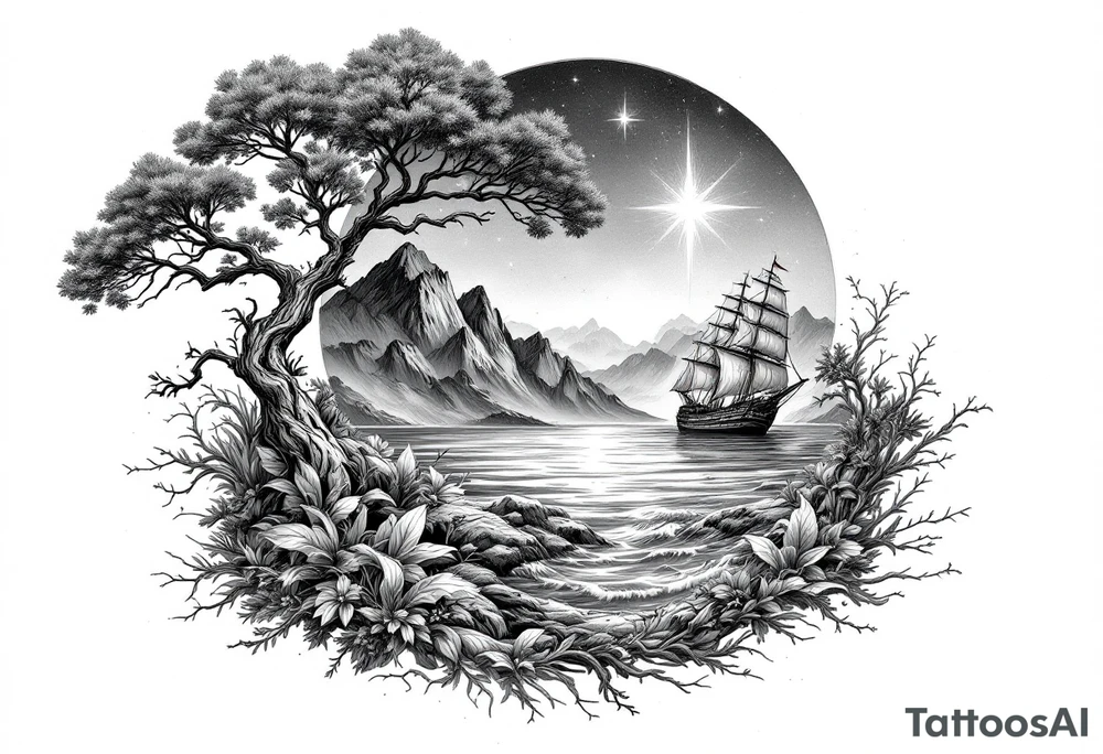 tattoo that has an acacia tree with mountains, ocean with a ship wreck and the northern star tattoo idea
