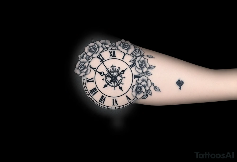 Roman clock with roses and a crown, a quote that says nothings forever. and on the bottom a deck of cards tattoo idea