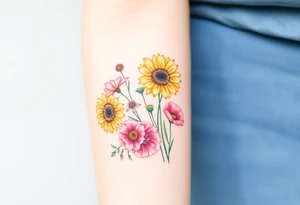 Small watercolour style bunch of wild flowers including lilli orientalis, sunflowers, poppies and peonies to be placed on forearm tattoo idea