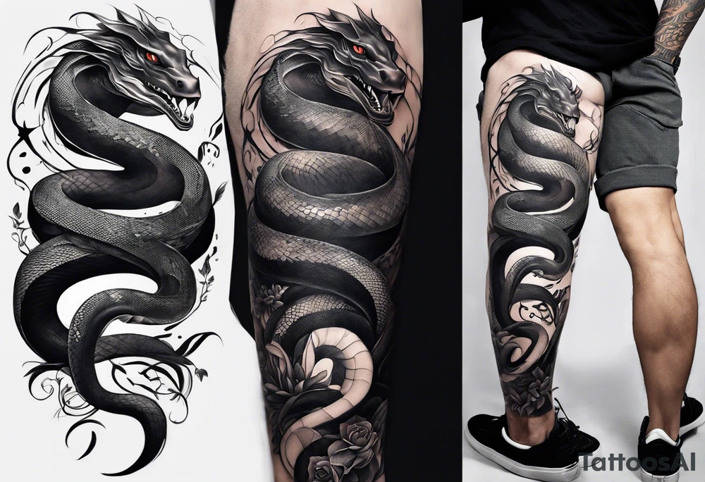 A snake wrapping around the legs of a man with 8 arms and no face in pencil drawing style. The upper part of the snake will come up from the right and look back at the man figure. There will be a black eye above the man looking directly forward. tattoo idea