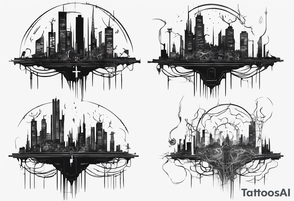 minimalist cyberpunk upper arm design from the shoulder that depicts heaven and hell as a city scape 
with neuron projecting downwards. tattoo idea