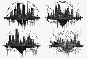 minimalist cyberpunk upper arm design from the shoulder that depicts heaven and hell as a city scape 
with neuron projecting downwards. tattoo idea