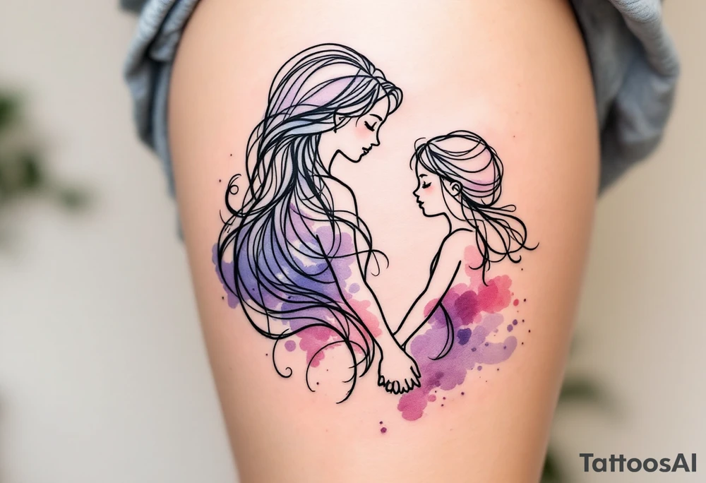 A black fine-line tattoo of a mother and daughter holding hands, with flowing hair blending into soft watercolor shades of pink and lavender. tattoo idea