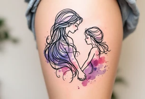 A black fine-line tattoo of a mother and daughter holding hands, with flowing hair blending into soft watercolor shades of pink and lavender. tattoo idea