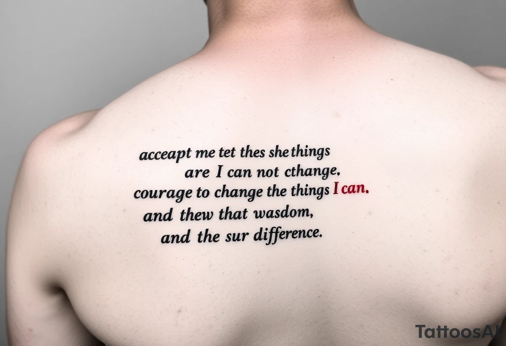 Generate a leg tattoo doing down the side of leg all the way down saying  “god grant me the serenity to  accept the things I can not change courage to change the things I can and the wisdom to know the difference” put god , serenity , courage, and wisdom in red tattoo idea