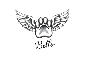 Dog print with small angel wings and the name Bella tattoo idea