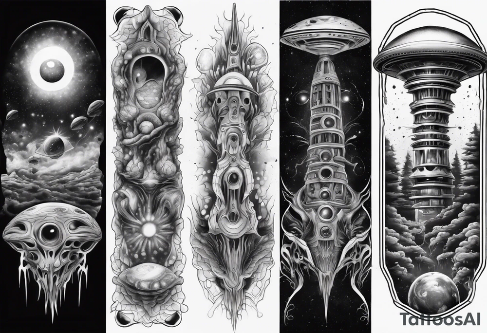 Trippy alien/ufo scene fractals dark for a leg sleeve tattoo tattoo idea