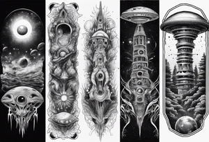 Trippy alien/ufo scene fractals dark for a leg sleeve tattoo tattoo idea