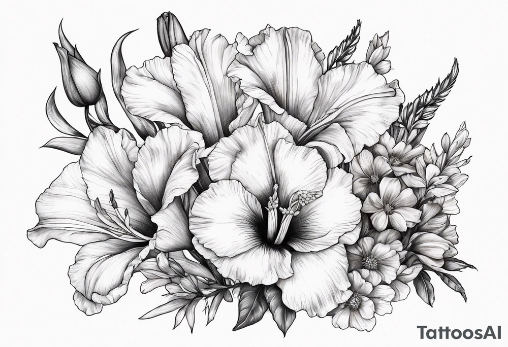 Gladiolus, Poppy, Daisy, Sweet Pea floral tattoo idea