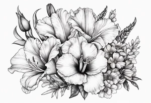 Gladiolus, Poppy, Daisy, Sweet Pea floral tattoo idea
