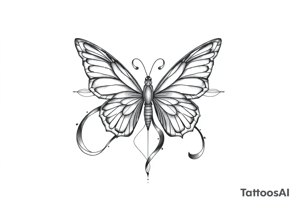 ethereal butterfly with flowing silk ribbons in geometric mandala tattoo idea