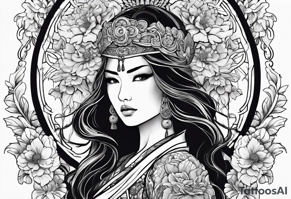 ornate beautiful woman warrior with weapon & floral arch background tattoo from head to torso tattoo idea