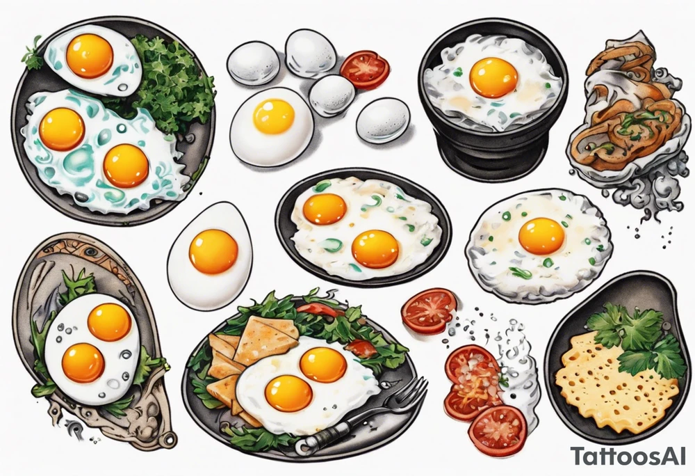 A round, thin 5 fried eggs with salt pepper and a bit greens and sredded cheese on the top tattoo idea