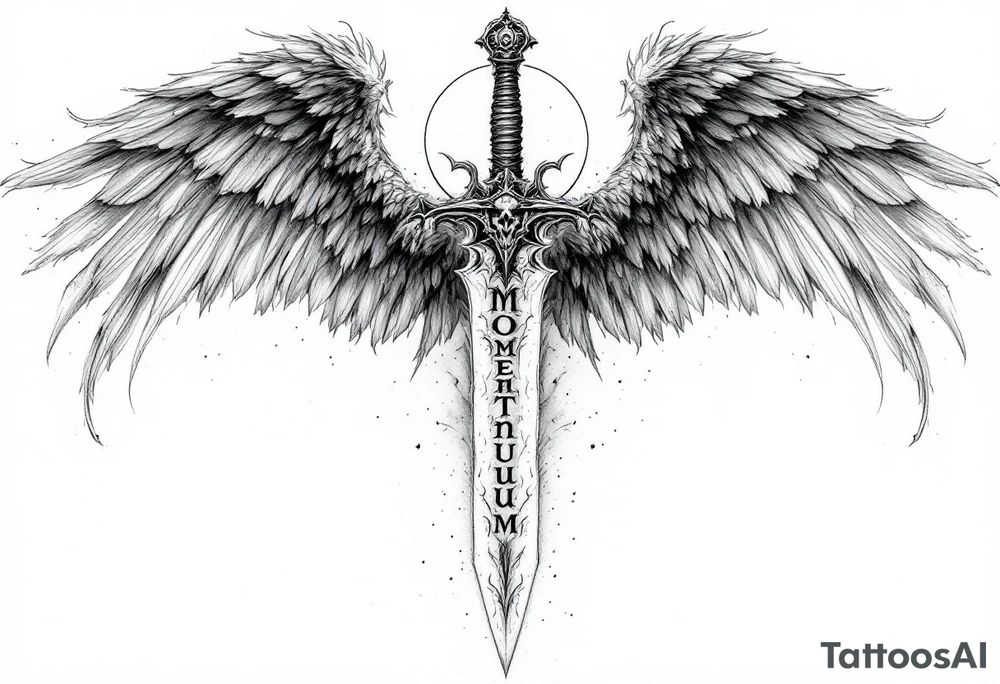 Momentum mori engraved on the sword with the Angel of Death holding the blade looking down on it tattoo idea