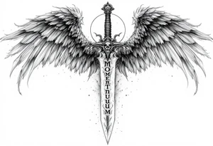 Momentum mori engraved on the sword with the Angel of Death holding the blade looking down on it tattoo idea