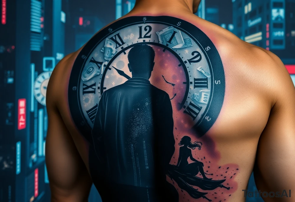 dark futuristic back tattoo, lonely man standing in a neon city, giant broken clock behind him, holographic money dissolving into particles, ghost silhouette of a woman disappearing, emotional storytelling tattoo, cyberpunk style, ultra detailed full back piece tattoo idea