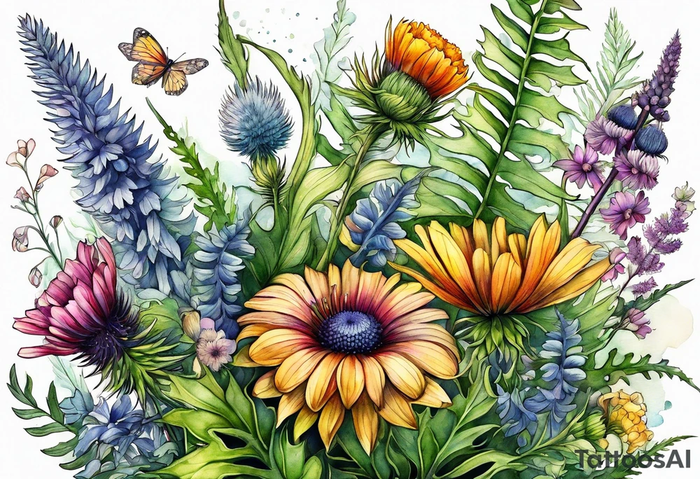 vertical mixed wildflower bouquet with ferns, thistle and with watercolor tattoo idea