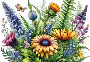 vertical mixed wildflower bouquet with ferns, thistle and with watercolor tattoo idea