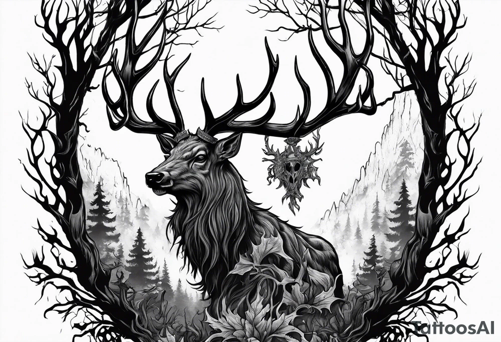 A scary wendigo with a decayed deer skull head with flames and trees tattoo idea