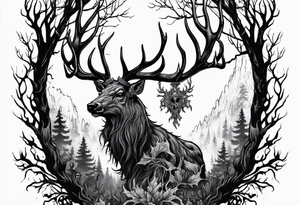 A scary wendigo with a decayed deer skull head with flames and trees tattoo idea