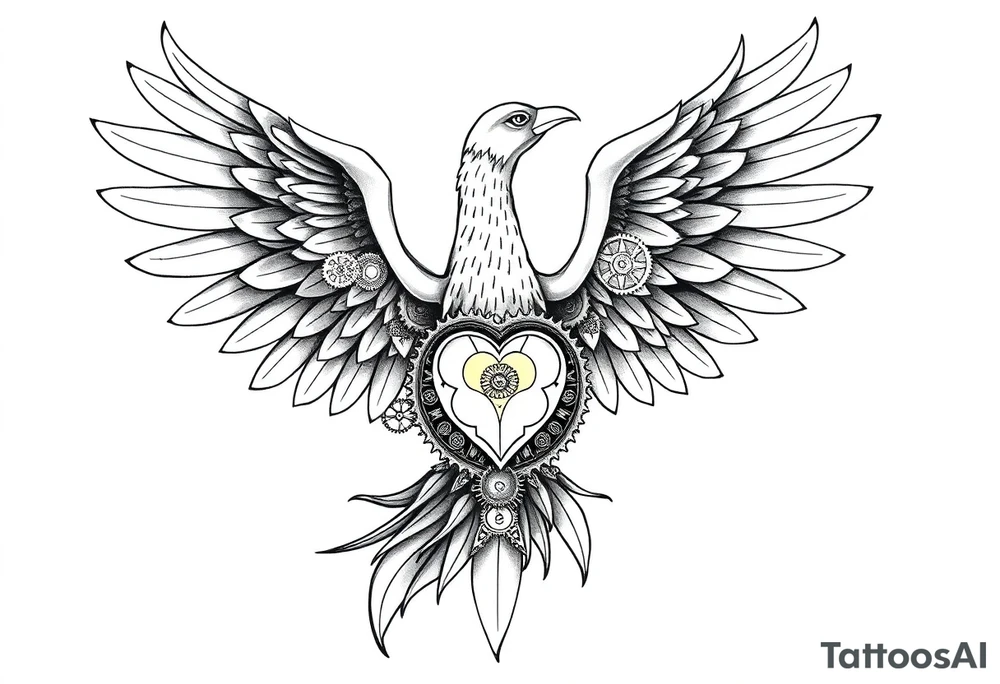 A stylized phoenix rising with feathers composed of intricate clock gears and mechanical parts. The chest reveals a glowing clockwork heart symbolizing emotional depth, love, and resilience amidst anxiety. The design combines fine line and dotwork detailing on the mechanical elements with bold, clean lines for the phoenix silhouette. Minimal shading emphasizes contrast and highlights the glowing heart. tattoo idea