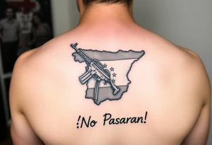 A Spanish civil war fighter on the republican side, with an outline of Spain, with the words “¡No Pasarán!” written underneath tattoo idea