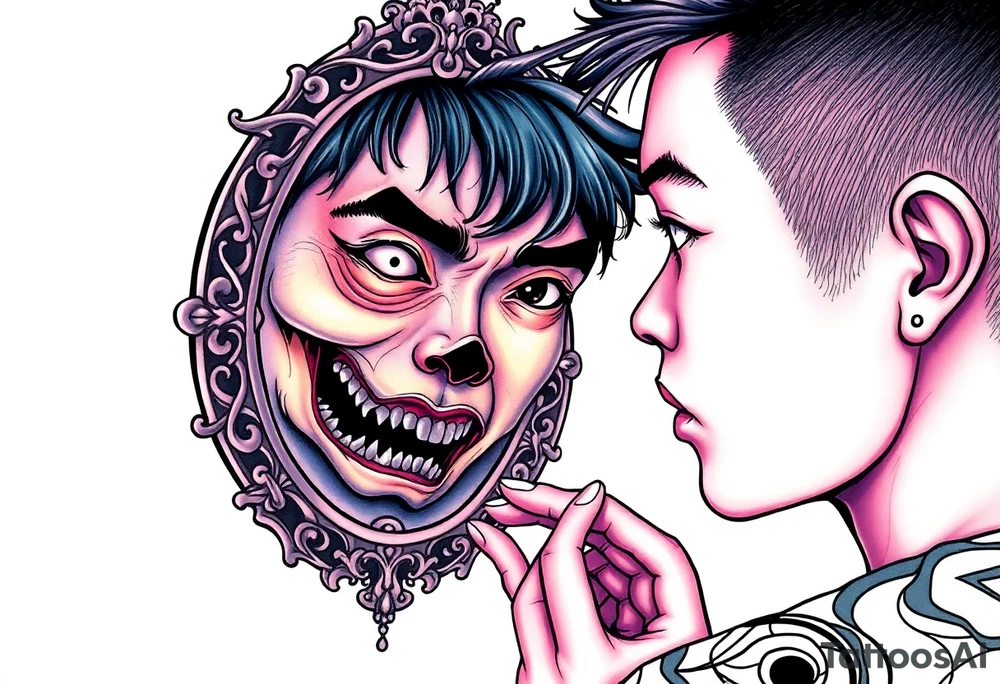 Handsome Asian young guy is looking in cursed mirror and see the evil tattoo idea