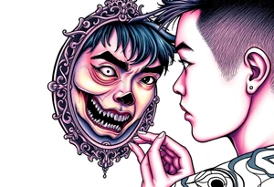 Handsome Asian young guy is looking in cursed mirror and see the evil tattoo idea