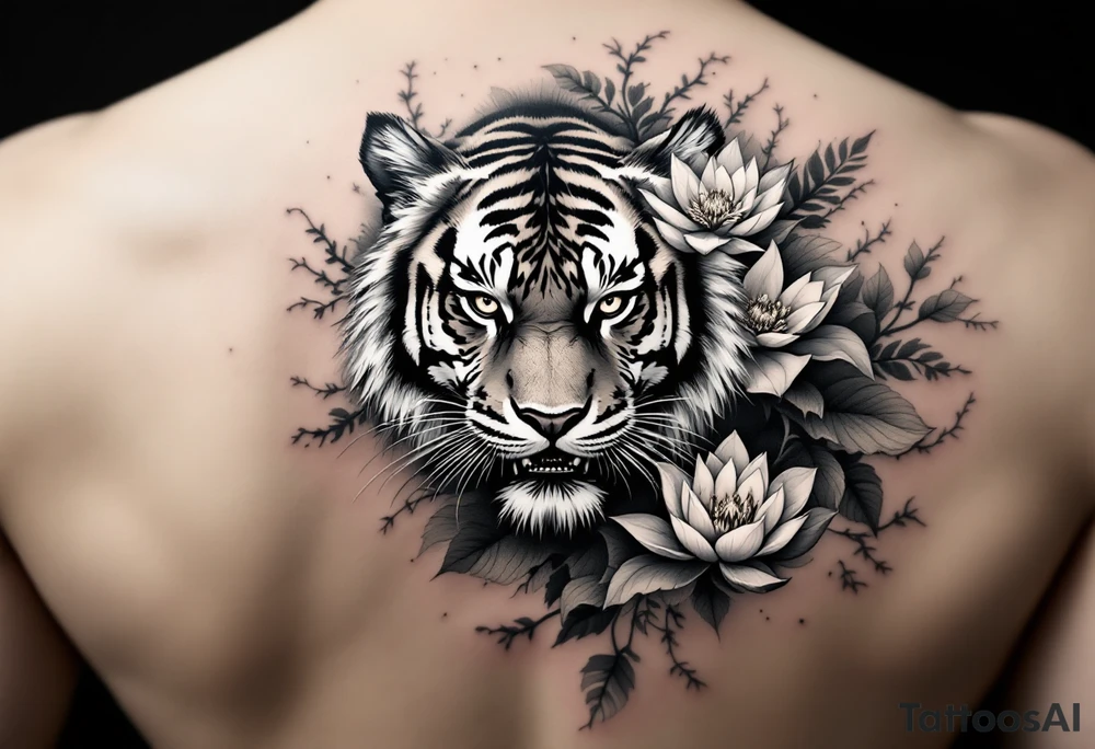 fierce tiger emerging through blooming lotus flowers in mist tattoo idea