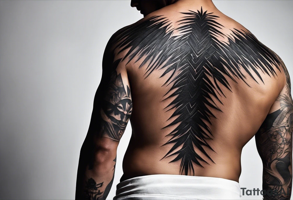 Certainly! Here’s a description for your back tattoo:

---

**Tattoo Description:**

Design: Black work, paint strokes.
Location: Back.
Concept: Dante's Inferno, representing the layers of hell.

**Design Details:**

1. **Vertical Lines:**
   - Two bold, vertical lines run parallel up the spine, symbolizing the journey through the depths of Dante's Inferno.

2. **Horizontal Lines:**
   - Nine horizontal lines intersect the vertical lines, each representing one of the nine circles of hell.
   - The lines descend down the back, each becoming progressively shorter and narrower to signify the decreasing levels of hell's circles.
   - The paint stroke style gives the lines a dynamic, brush-painted appearance, enhancing the dramatic and artistic effect.

3. **Overall Style:**
   - The black work technique ensures a striking contrast, with deep black ink emphasizing the severity and depth of the concept.

Sure, here's a simplified version:

---

**Tattoo Description:**

**Design:** Black work, paint strokes.
**Location:** Back.
**Concept:** Dante's Inferno, layers of hell.

**Details:**

1. **Vertical Lines:**
   - Two parallel lines up the spine.

2. **Horizontal Lines:**
   - Nine perpendicular lines, descending and decreasing in width.

**Style:**
   - Bold black work with paint stroke effects.

---

This version is straightforward and clear.

---

This description provides a clear and detailed vision for your tattoo artist to work from, capturing the essence and symbolism of Dante’s Inferno in a powerful and visually striking way. tattoo idea