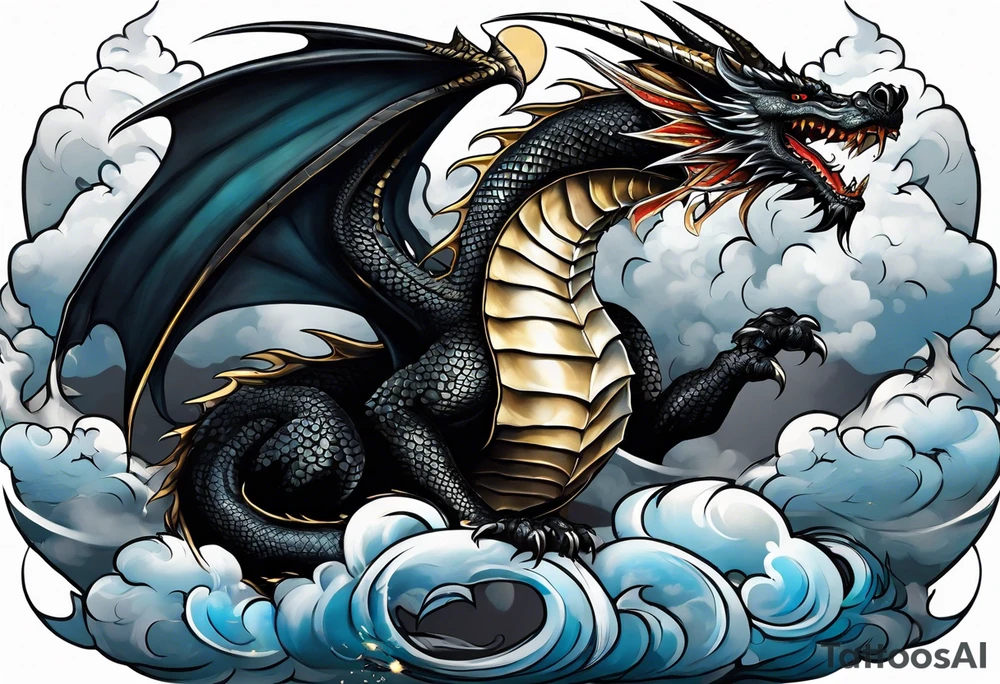 Black dragon with a dagger tail. In the clouds with lightning. tattoo idea