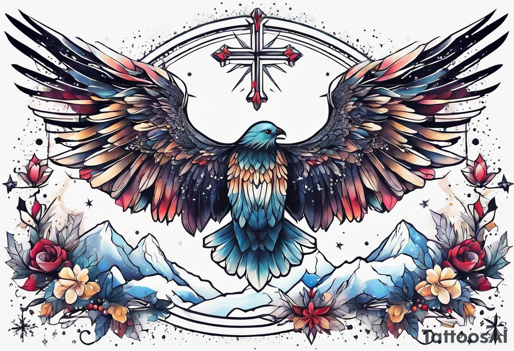 Constellation, wing , snow , cross tattoo idea