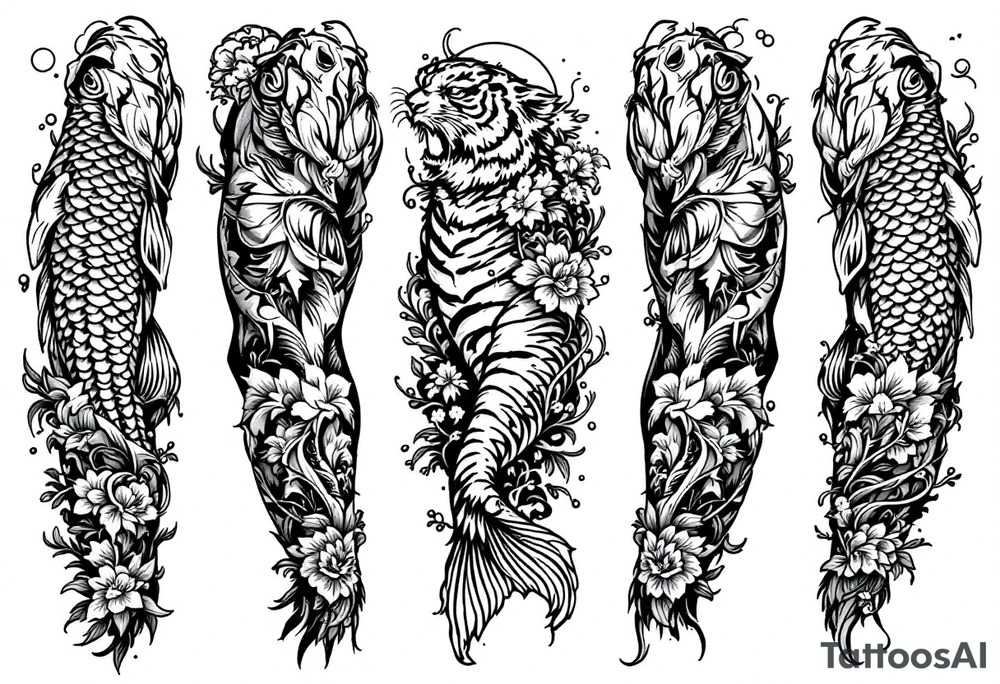 Full arm sleeve, one koi fish, one tiger, the sun, cherry blossom filler, beautiful tattoo idea