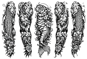 Full arm sleeve, one koi fish, one tiger, the sun, cherry blossom filler, beautiful tattoo idea