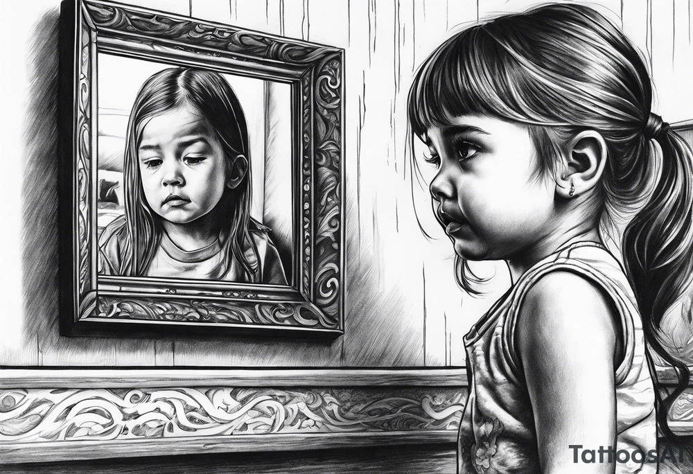 Little girl crying in the mirror with older self looking back and father spirit standing behind tattoo idea