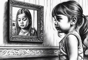Little girl crying in the mirror with older self looking back and father spirit standing behind tattoo idea