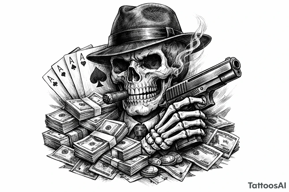 skull with gangster-hat,cigar in his mouth,gun in a skeleton-hand,playing cards,a lot of money. tattoo idea