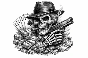 skull with gangster-hat,cigar in his mouth,gun in a skeleton-hand,playing cards,a lot of money. tattoo idea