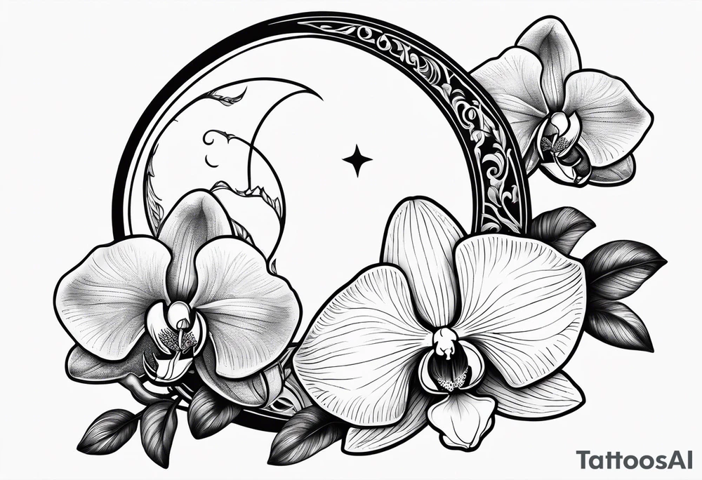 Orchid and crescent moon with Bohemian design tattoo idea