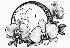 Orchid and crescent moon with Bohemian design tattoo idea