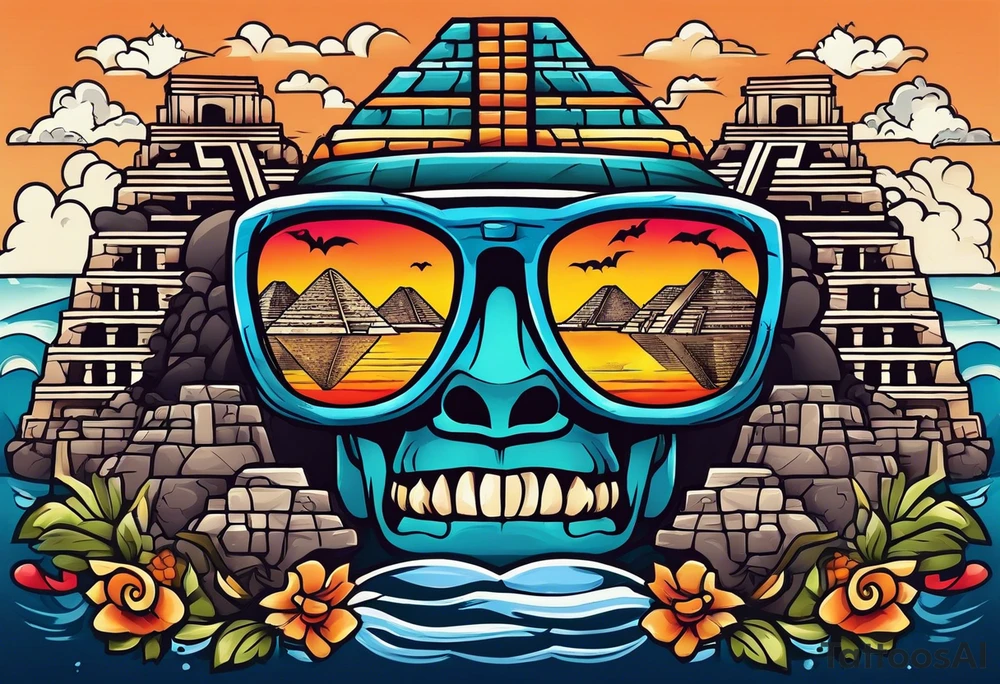 Colorful Mayan hieroglyph wearing sunglasses with reflection of Chichen Itza with bats and water and caves tattoo idea
