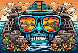 Colorful Mayan hieroglyph wearing sunglasses with reflection of Chichen Itza with bats and water and caves tattoo idea