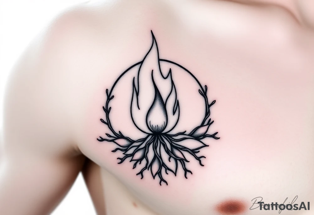flame in a blooming roots circle tattoo idea