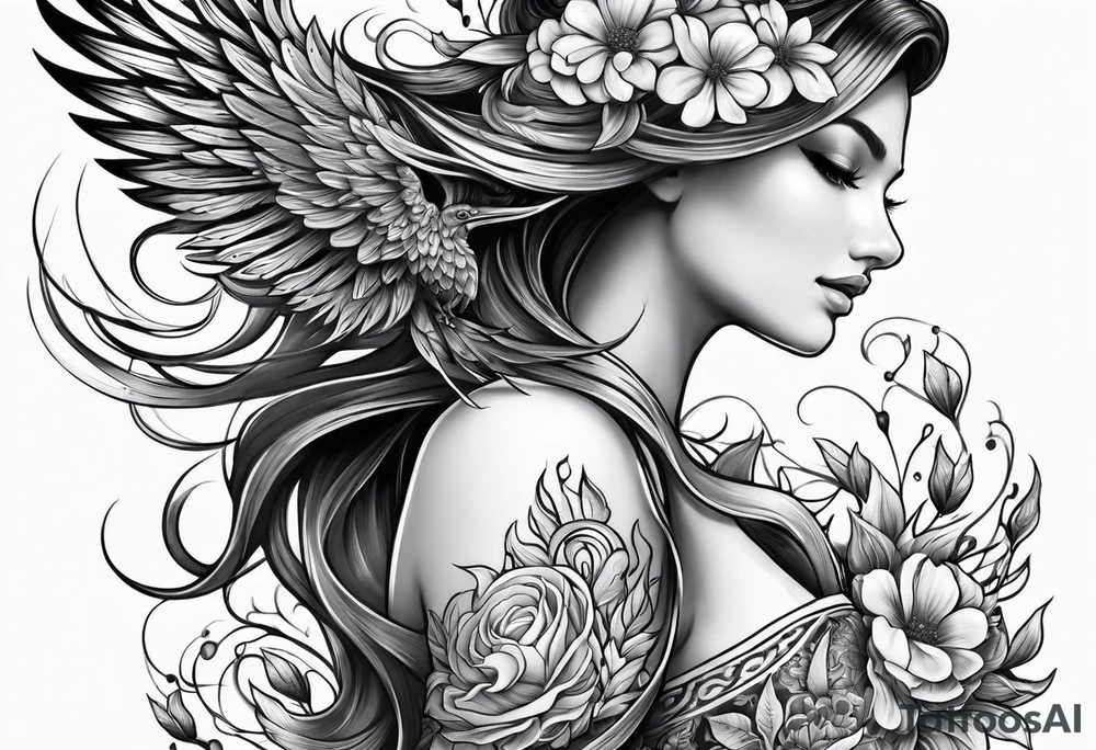 Half sleeve with phoenix and flowers with decorations down on the hand tattoo idea