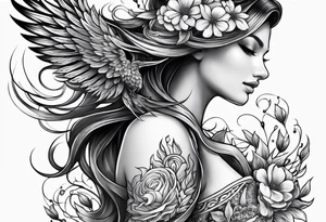 Half sleeve with phoenix and flowers with decorations down on the hand tattoo idea